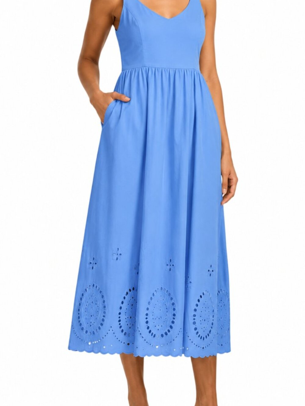 Calypso St Barth | Blue Eyelet Cotton Midi Dress | Smocked | Sundress | Sz 8